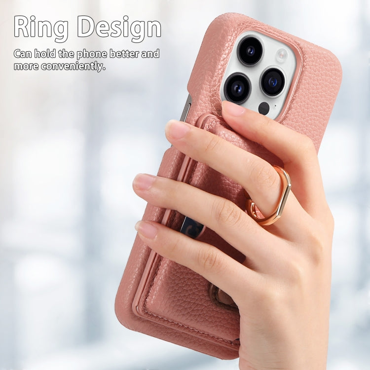For iPhone 15 Pro Litchi Leather Oil Edge Ring Card Back Phone Case(Pink) - HoMEdemic™ 