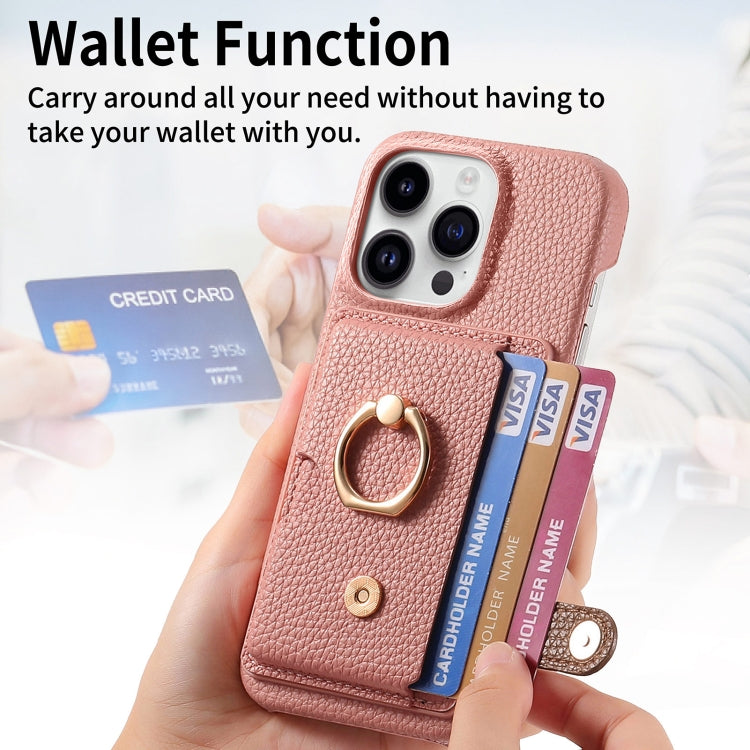 For iPhone 15 Pro Litchi Leather Oil Edge Ring Card Back Phone Case(Pink) - HoMEdemic™ 
