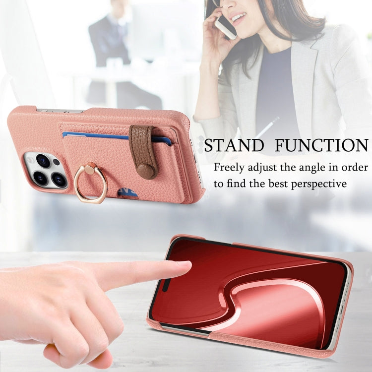 For iPhone 15 Pro Litchi Leather Oil Edge Ring Card Back Phone Case(Pink) - HoMEdemic™ 
