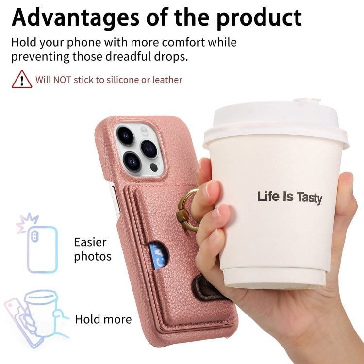 For iPhone 15 Pro Litchi Leather Oil Edge Ring Card Back Phone Case(Pink) - HoMEdemic™ 