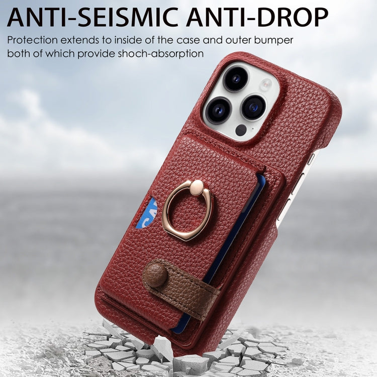 For iPhone 15 Pro Litchi Leather Oil Edge Ring Card Back Phone Case(Red) - HoMEdemic™ 