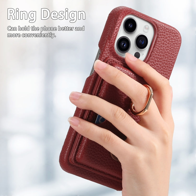 For iPhone 15 Pro Litchi Leather Oil Edge Ring Card Back Phone Case(Red) - HoMEdemic™ 