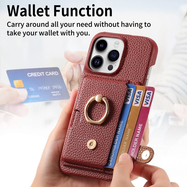 For iPhone 15 Pro Litchi Leather Oil Edge Ring Card Back Phone Case(Red) - HoMEdemic™ 