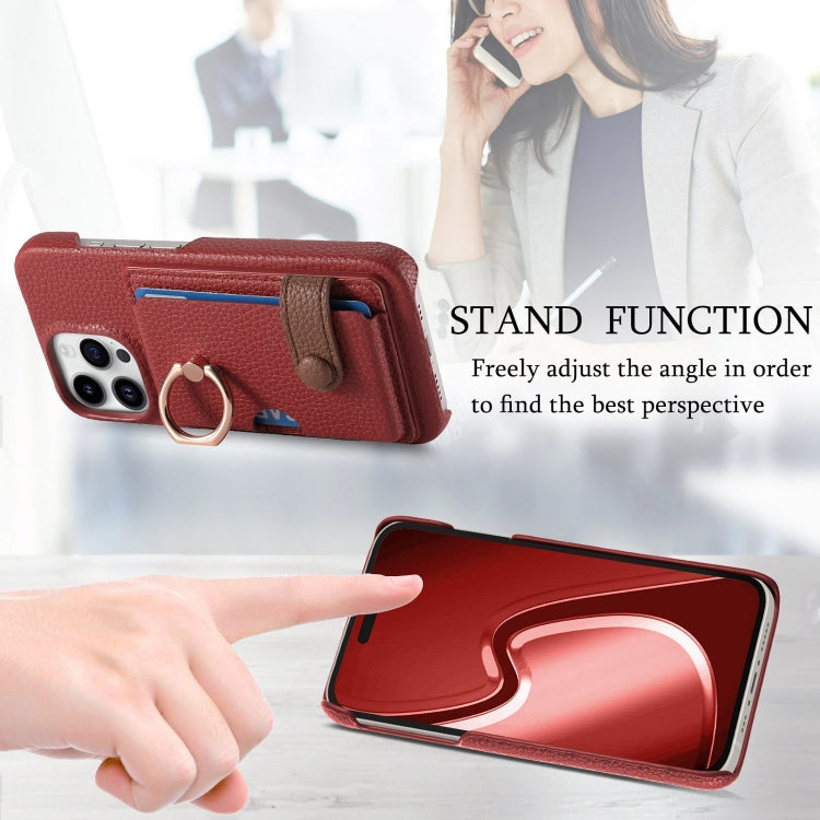For iPhone 15 Pro Litchi Leather Oil Edge Ring Card Back Phone Case(Red) - HoMEdemic™ 