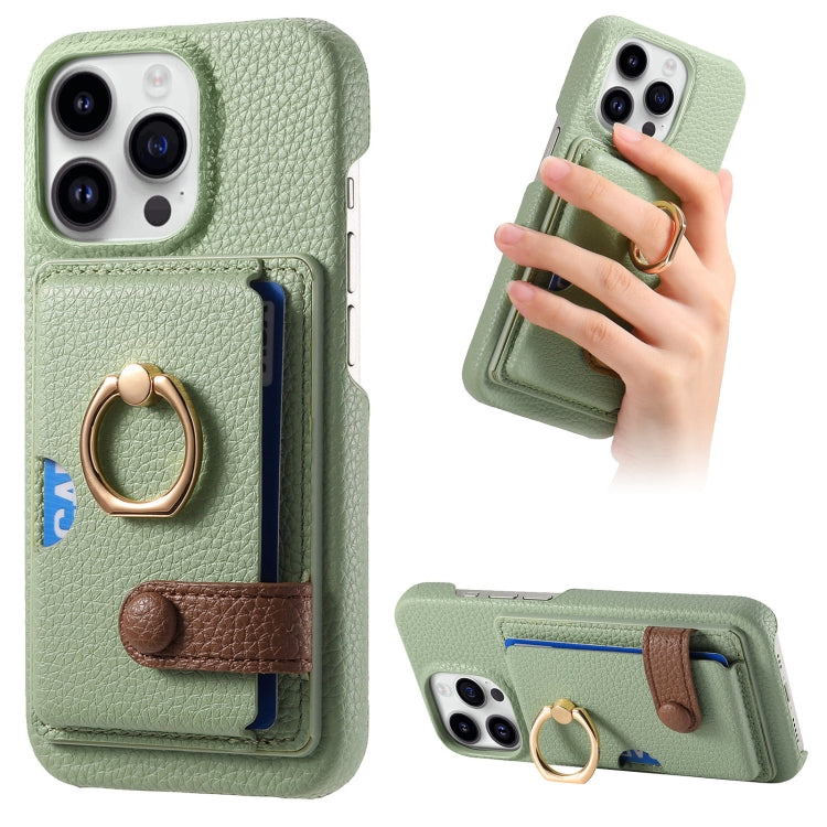 For iPhone 15 Pro Litchi Leather Oil Edge Ring Card Back Phone Case(Tea Green) - HoMEdemic™ 