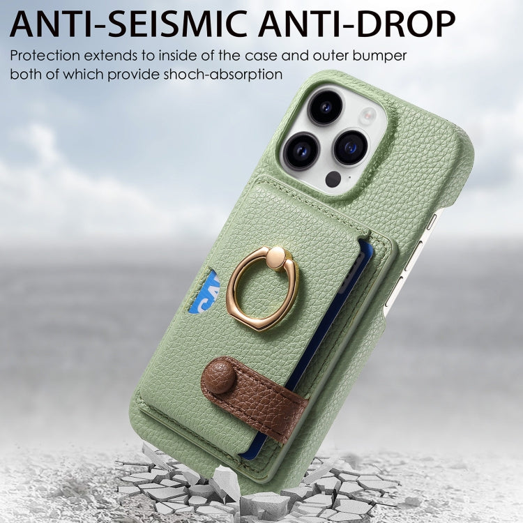 For iPhone 15 Pro Litchi Leather Oil Edge Ring Card Back Phone Case(Tea Green) - HoMEdemic™ 