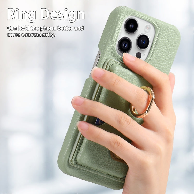 For iPhone 15 Pro Litchi Leather Oil Edge Ring Card Back Phone Case(Tea Green) - HoMEdemic™ 