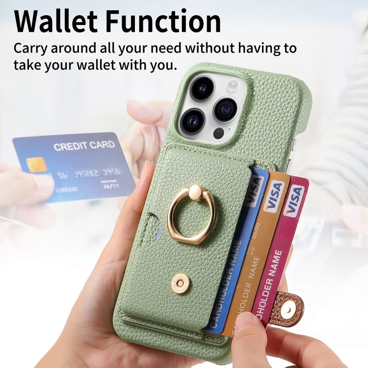 For iPhone 15 Pro Litchi Leather Oil Edge Ring Card Back Phone Case(Tea Green) - HoMEdemic™ 