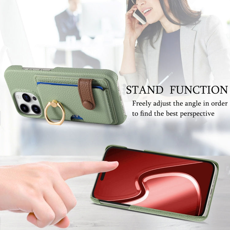 For iPhone 15 Pro Litchi Leather Oil Edge Ring Card Back Phone Case(Tea Green) - HoMEdemic™ 