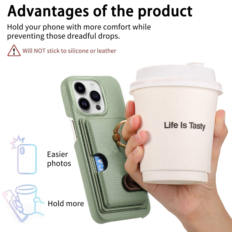 For iPhone 15 Pro Litchi Leather Oil Edge Ring Card Back Phone Case(Tea Green) - HoMEdemic™ 