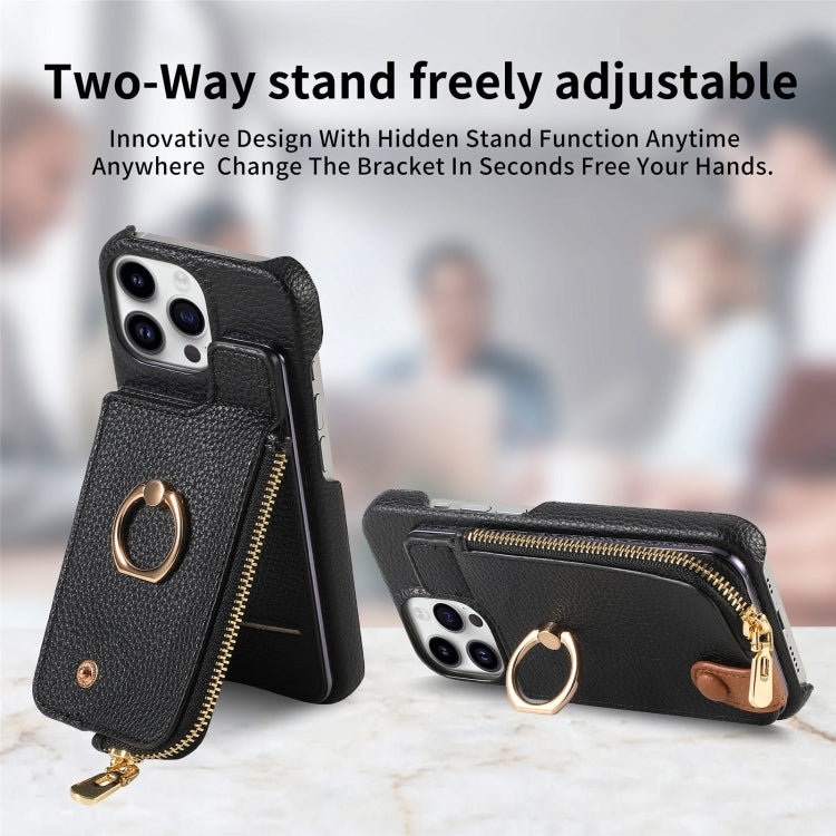 For iPhone 15 Pro Litchi Leather Oil Edge Ring Zipper Wallet Back Phone Case(Black) - HoMEdemic™ 