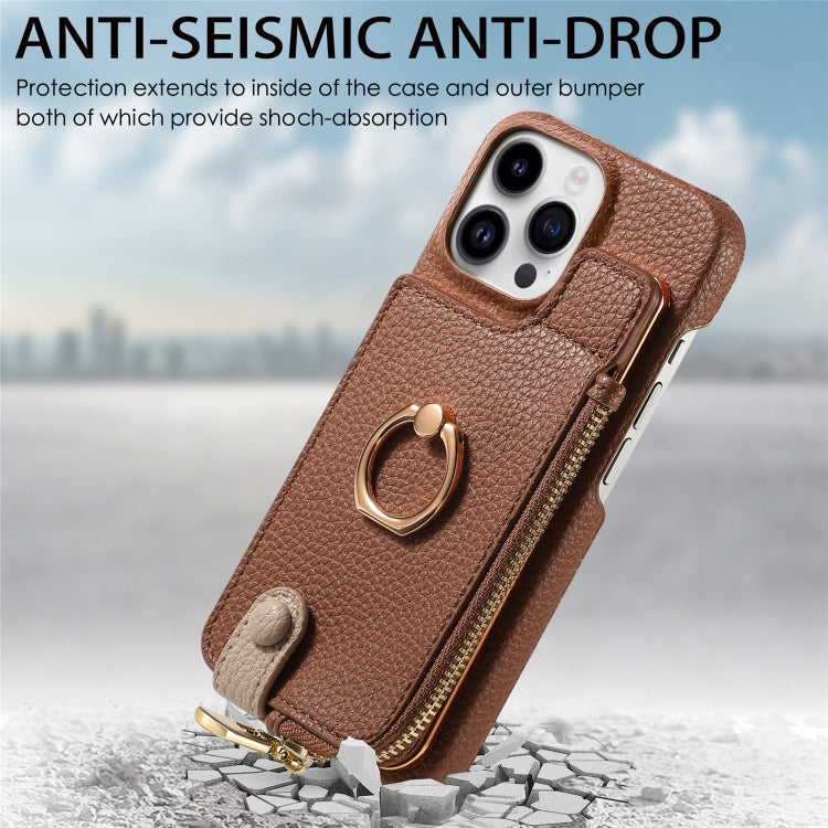 For iPhone 15 Pro Litchi Leather Oil Edge Ring Zipper Wallet Back Phone Case(Brown) - HoMEdemic™ 