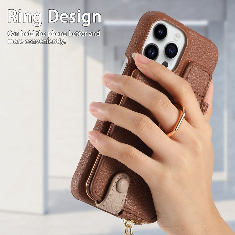 For iPhone 15 Pro Litchi Leather Oil Edge Ring Zipper Wallet Back Phone Case(Brown) - HoMEdemic™ 