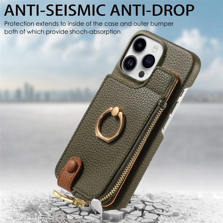 For iPhone 15 Pro Litchi Leather Oil Edge Ring Zipper Wallet Back Phone Case(Green) - HoMEdemic™ 