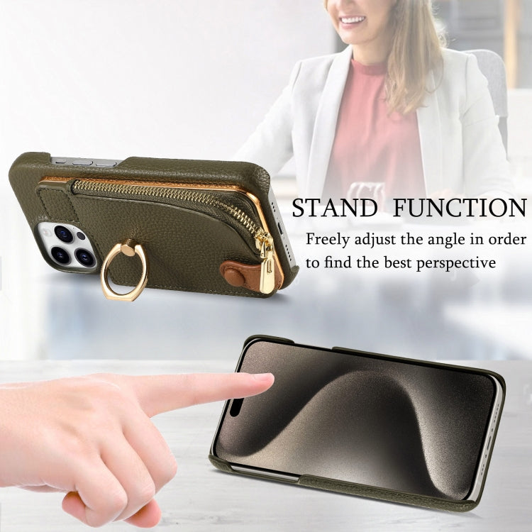 For iPhone 15 Pro Litchi Leather Oil Edge Ring Zipper Wallet Back Phone Case(Green) - HoMEdemic™ 