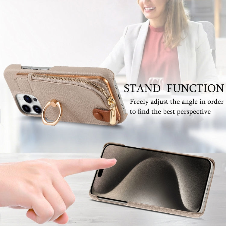 For iPhone 15 Pro Litchi Leather Oil Edge Ring Zipper Wallet Back Phone Case(Khaki) - HoMEdemic™ 