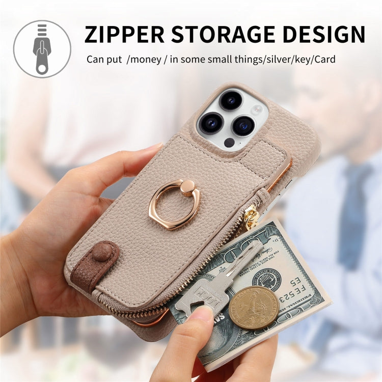 For iPhone 15 Pro Litchi Leather Oil Edge Ring Zipper Wallet Back Phone Case(Khaki) - HoMEdemic™ 