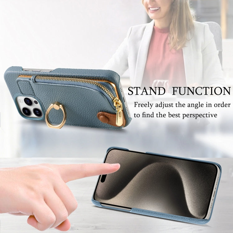 For iPhone 15 Pro Litchi Leather Oil Edge Ring Zipper Wallet Back Phone Case(Light Blue) - HoMEdemic™ 