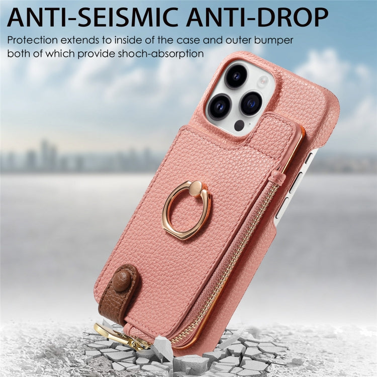 For iPhone 15 Pro Litchi Leather Oil Edge Ring Zipper Wallet Back Phone Case(Pink) - HoMEdemic™ 