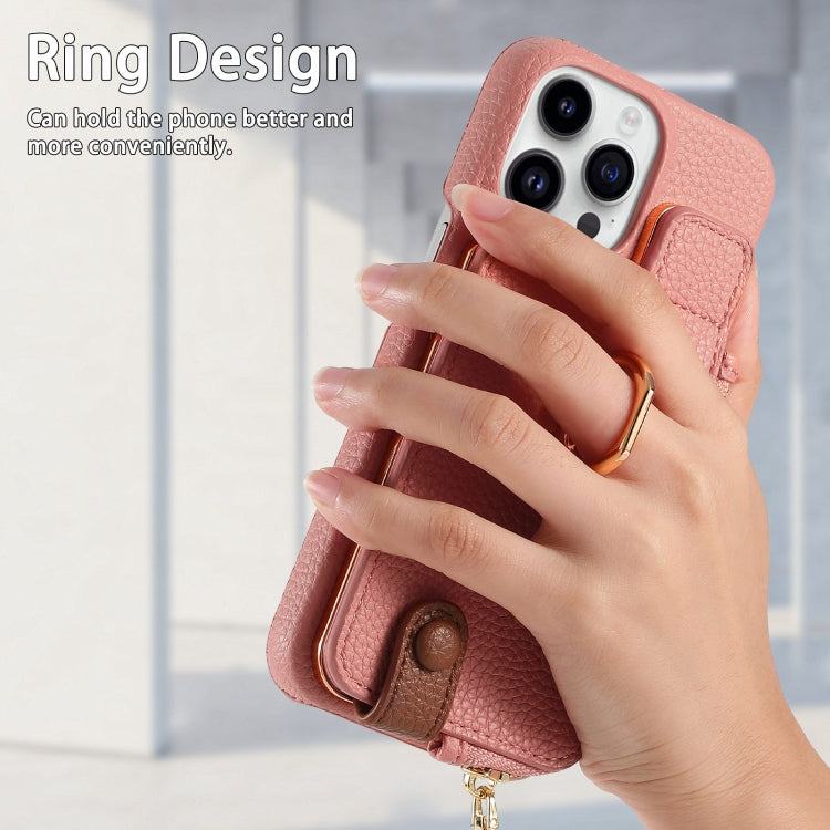 For iPhone 15 Pro Litchi Leather Oil Edge Ring Zipper Wallet Back Phone Case(Pink) - HoMEdemic™ 