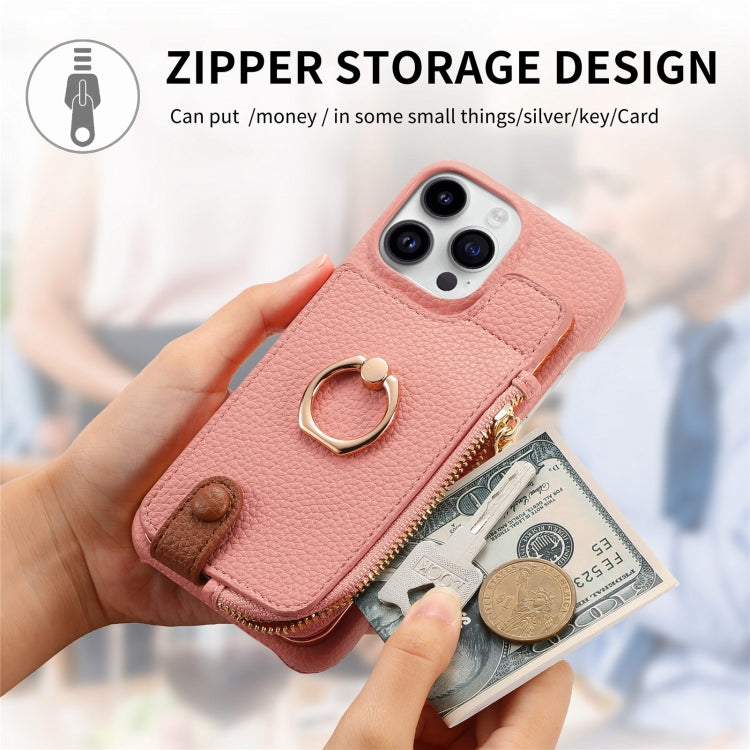 For iPhone 15 Pro Litchi Leather Oil Edge Ring Zipper Wallet Back Phone Case(Pink) - HoMEdemic™ 