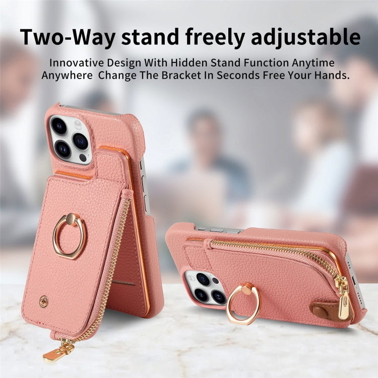 For iPhone 15 Pro Litchi Leather Oil Edge Ring Zipper Wallet Back Phone Case(Pink) - HoMEdemic™ 