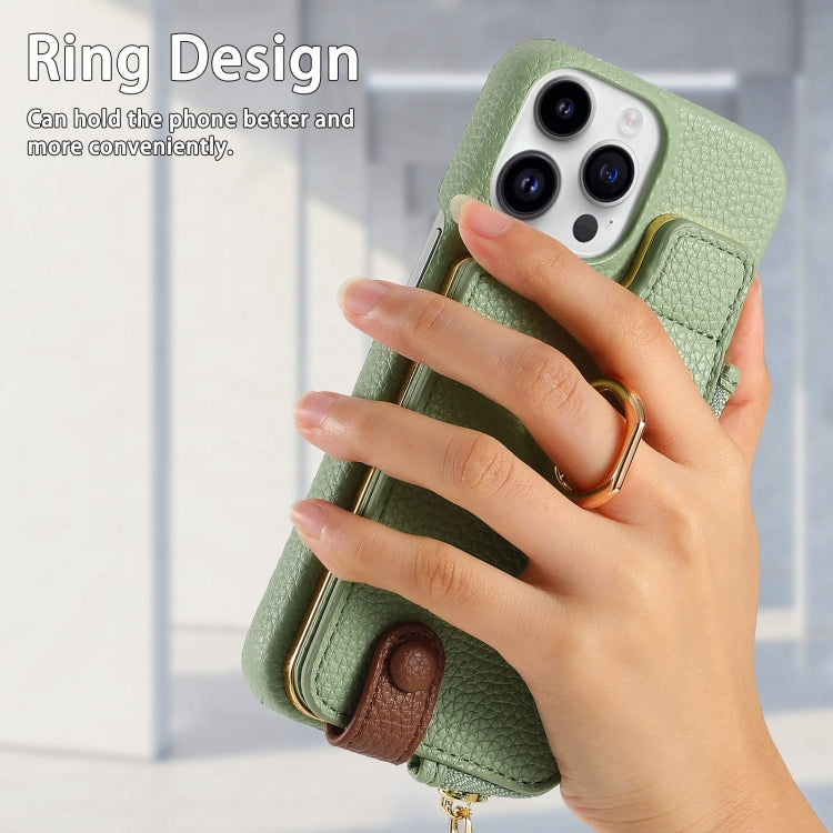 For iPhone 15 Pro Litchi Leather Oil Edge Ring Zipper Wallet Back Phone Case(Tea Green) - HoMEdemic™ 