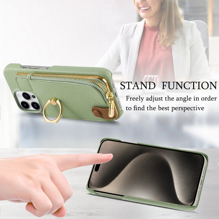 For iPhone 15 Pro Litchi Leather Oil Edge Ring Zipper Wallet Back Phone Case(Tea Green) - HoMEdemic™ 