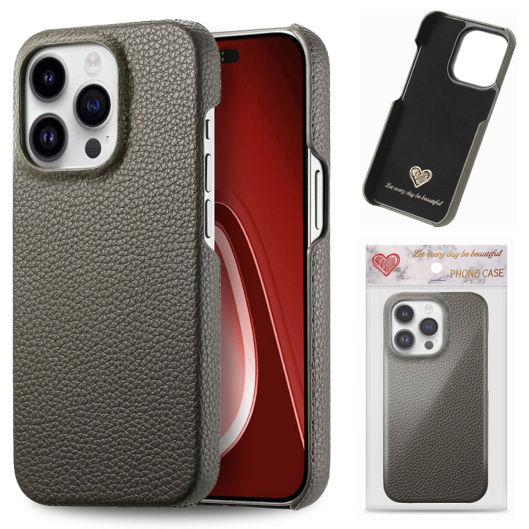 For iPhone 15 Pro Litchi Oil Edge Leather Back Phone Case(Grey) - HoMEdemic™ 