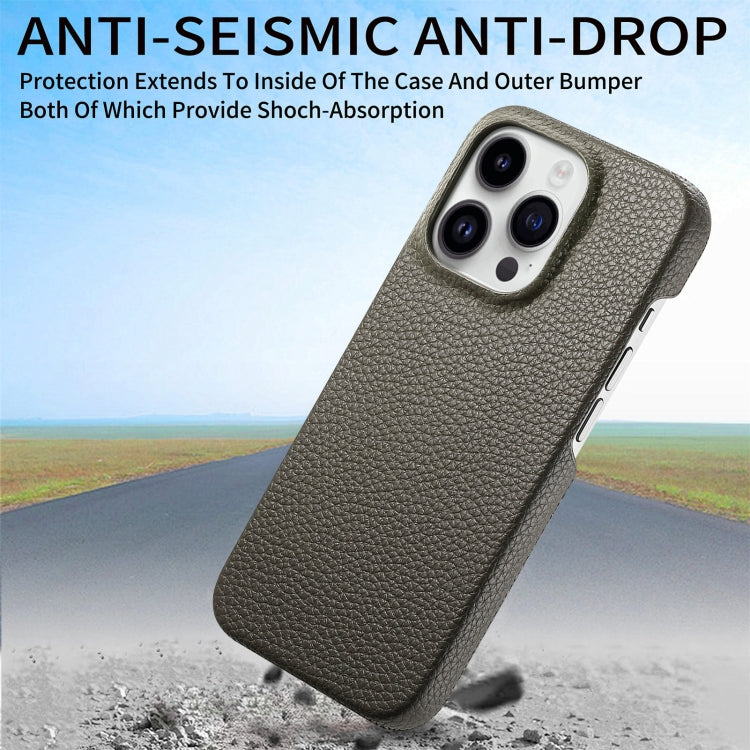 For iPhone 15 Pro Litchi Oil Edge Leather Back Phone Case(Grey) - HoMEdemic™ 