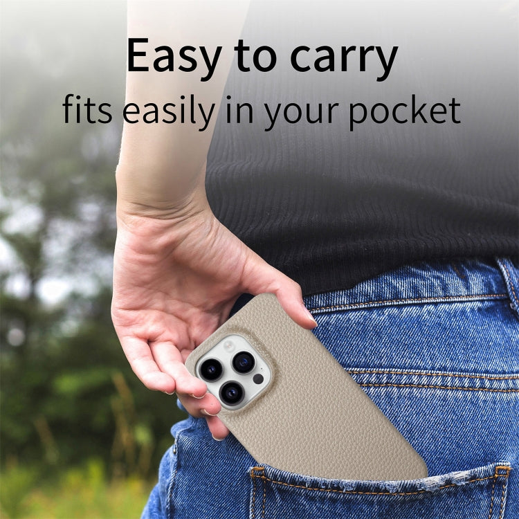 For iPhone 15 Pro Litchi Oil Edge Leather Back Phone Case(Khaki) - HoMEdemic™ 