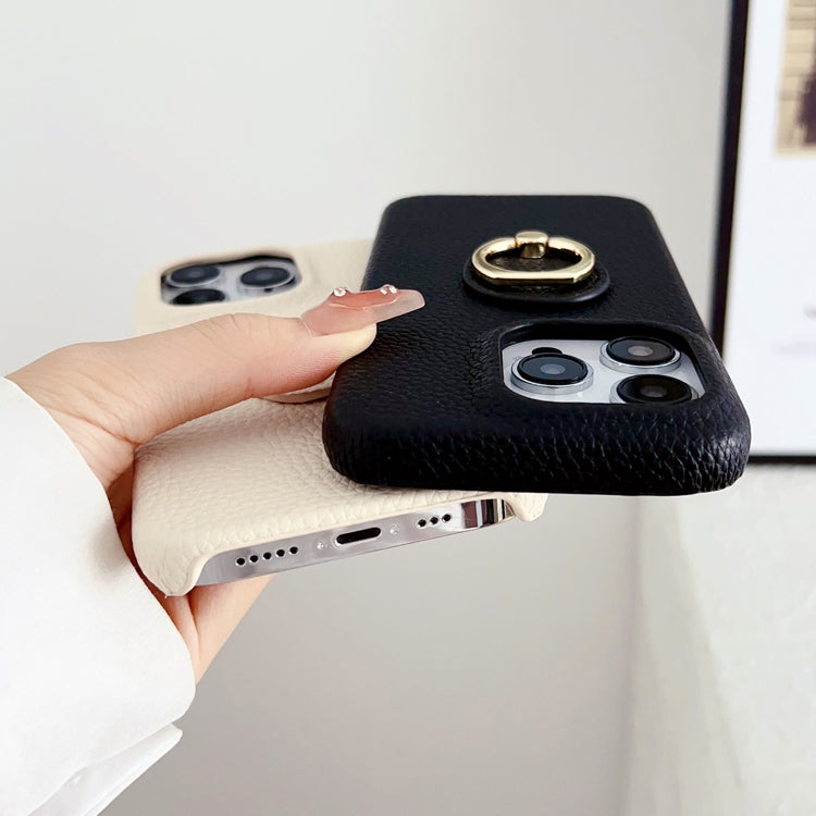 For iPhone 15 Pro Litchi Texture Ring Holder Shockproof Phone Case(White) - HoMEdemic™ 