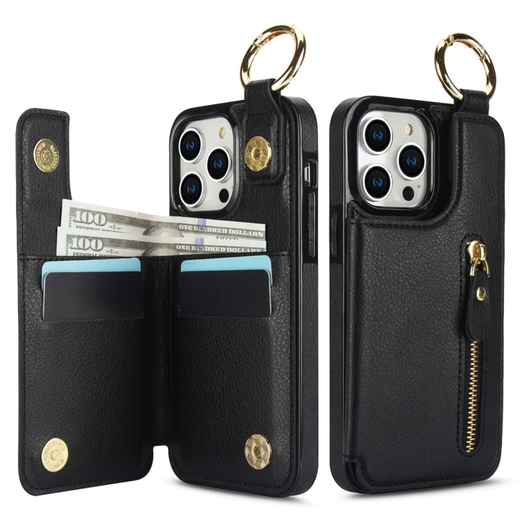For iPhone 15 Pro Litchi Texture Zipper Double Buckle Card Bag Phone Case(Black) - HoMEdemic™ 