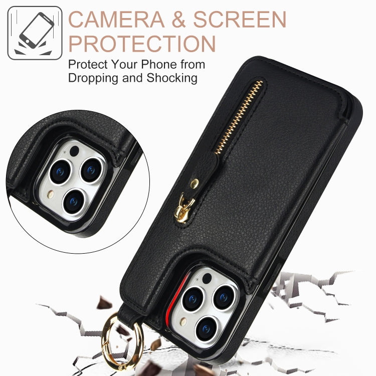 For iPhone 15 Pro Litchi Texture Zipper Double Buckle Card Bag Phone Case(Black) - HoMEdemic™ 