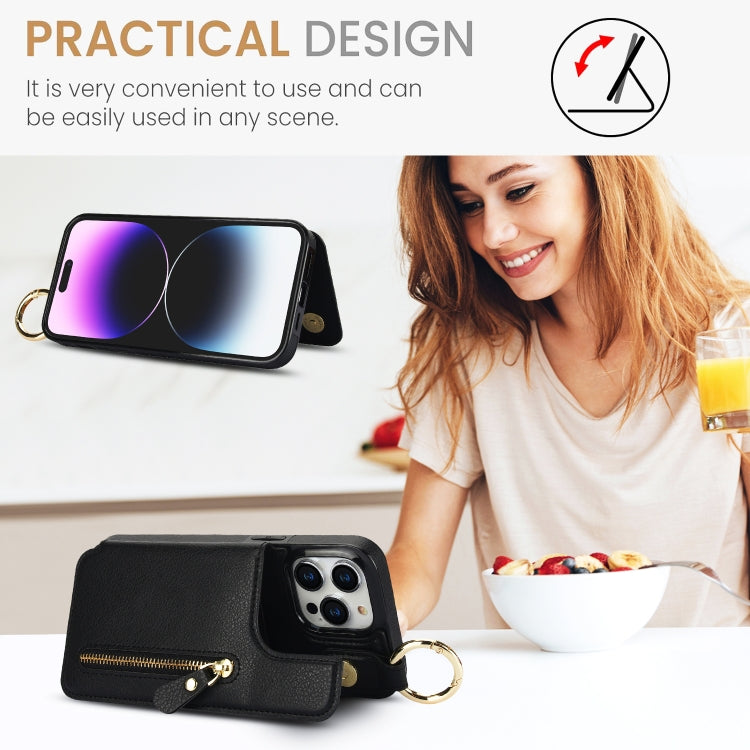 For iPhone 15 Pro Litchi Texture Zipper Double Buckle Card Bag Phone Case(Black) - HoMEdemic™ 