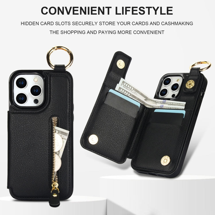 For iPhone 15 Pro Litchi Texture Zipper Double Buckle Card Bag Phone Case(Black) - HoMEdemic™ 