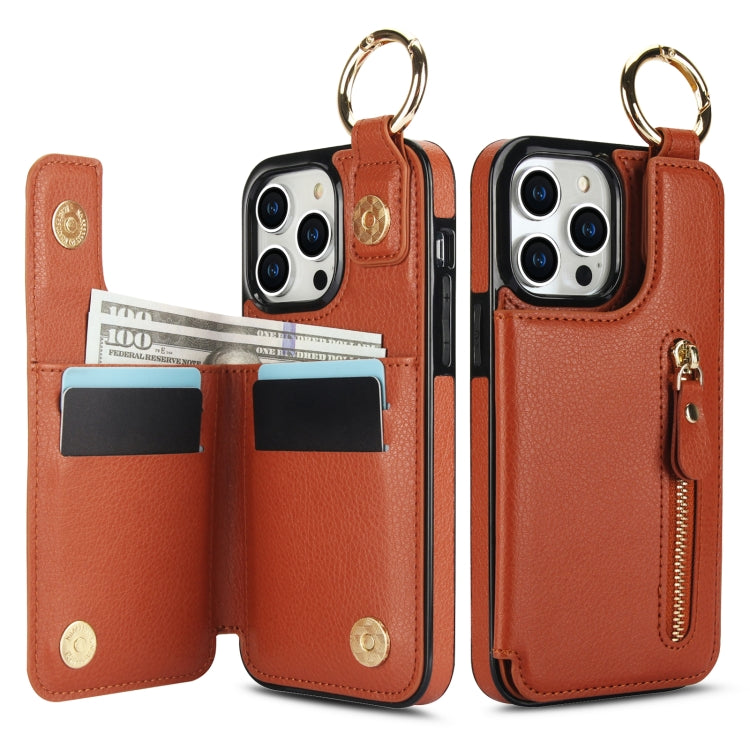 For iPhone 15 Pro Litchi Texture Zipper Double Buckle Card Bag Phone Case(Brown) - HoMEdemic™ 