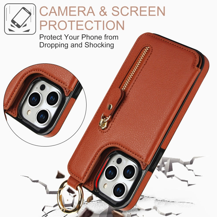 For iPhone 15 Pro Litchi Texture Zipper Double Buckle Card Bag Phone Case(Brown) - HoMEdemic™ 