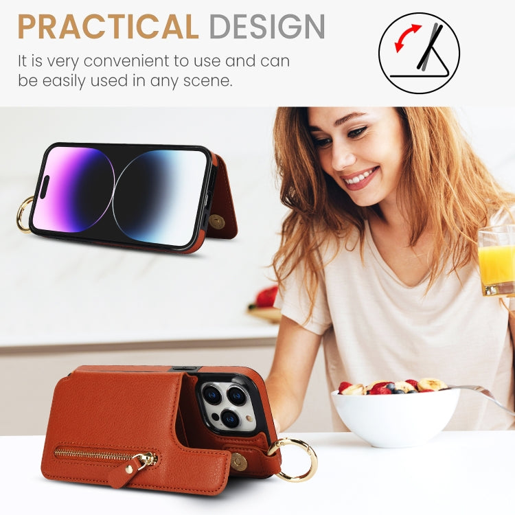 For iPhone 15 Pro Litchi Texture Zipper Double Buckle Card Bag Phone Case(Brown) - HoMEdemic™ 
