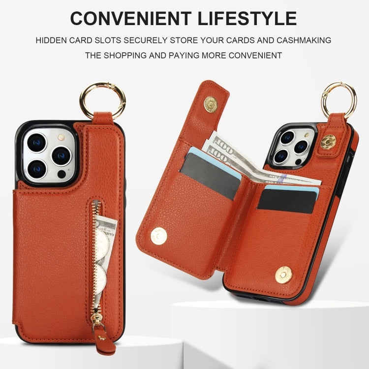 For iPhone 15 Pro Litchi Texture Zipper Double Buckle Card Bag Phone Case(Brown) - HoMEdemic™ 