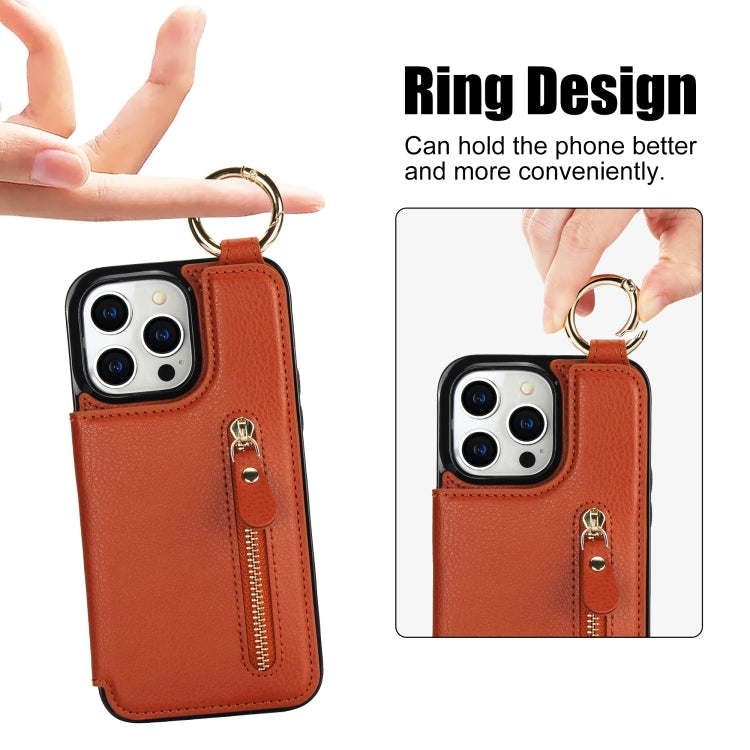 For iPhone 15 Pro Litchi Texture Zipper Double Buckle Card Bag Phone Case(Brown) - HoMEdemic™ 