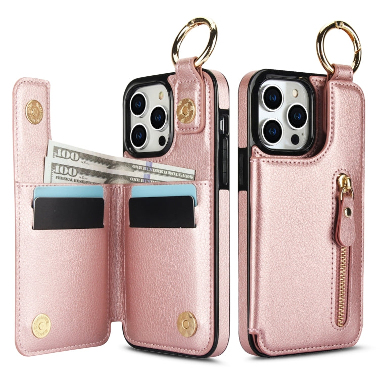 For iPhone 15 Pro Litchi Texture Zipper Double Buckle Card Bag Phone Case(Rose Gold) - HoMEdemic™ 