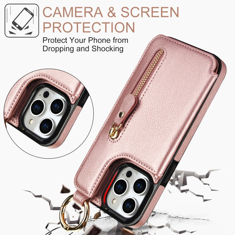 For iPhone 15 Pro Litchi Texture Zipper Double Buckle Card Bag Phone Case(Rose Gold) - HoMEdemic™ 