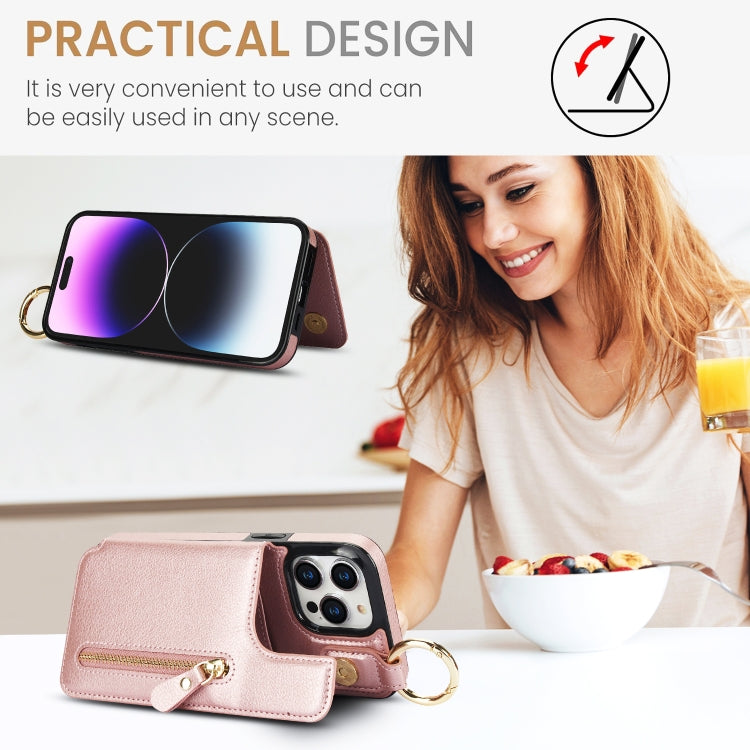 For iPhone 15 Pro Litchi Texture Zipper Double Buckle Card Bag Phone Case(Rose Gold) - HoMEdemic™ 