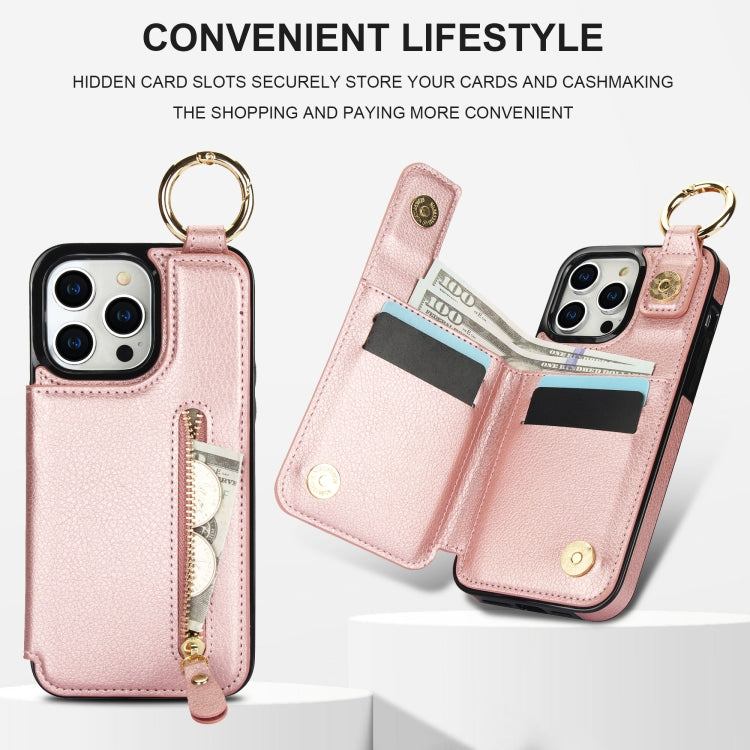 For iPhone 15 Pro Litchi Texture Zipper Double Buckle Card Bag Phone Case(Rose Gold) - HoMEdemic™ 