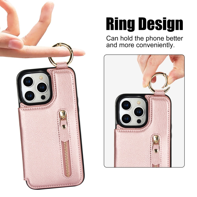 For iPhone 15 Pro Litchi Texture Zipper Double Buckle Card Bag Phone Case(Rose Gold) - HoMEdemic™ 