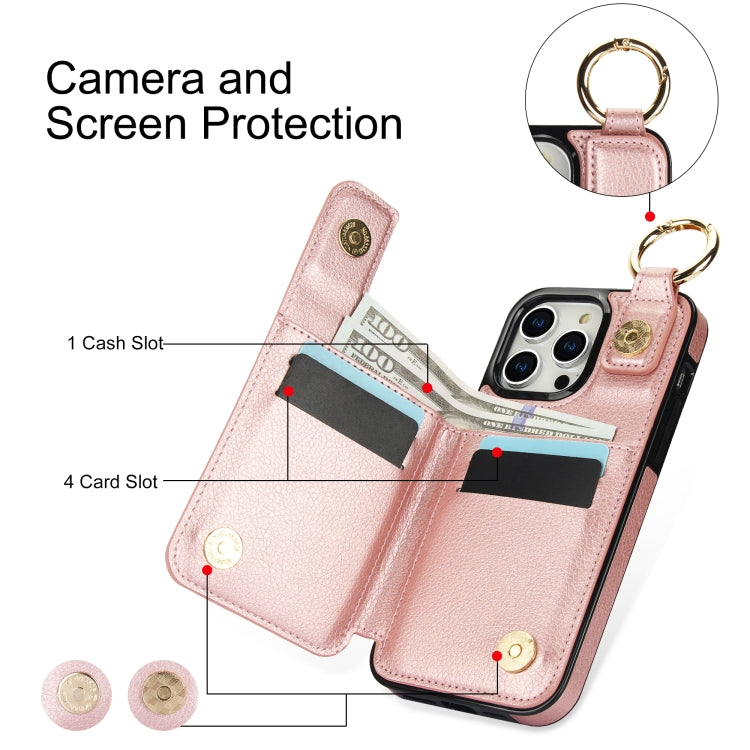 For iPhone 15 Pro Litchi Texture Zipper Double Buckle Card Bag Phone Case(Rose Gold) - HoMEdemic™ 