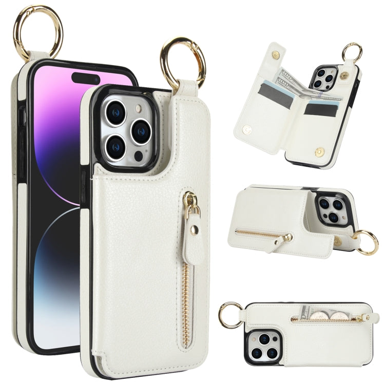 For iPhone 15 Pro Litchi Texture Zipper Double Buckle Card Bag Phone Case(White) - HoMEdemic™ 