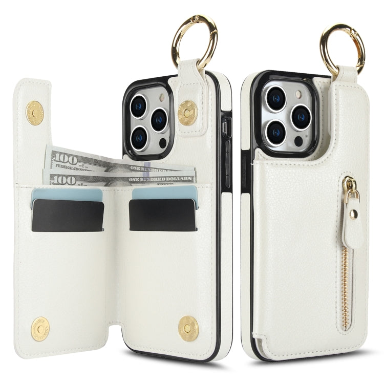 For iPhone 15 Pro Litchi Texture Zipper Double Buckle Card Bag Phone Case(White) - HoMEdemic™ 