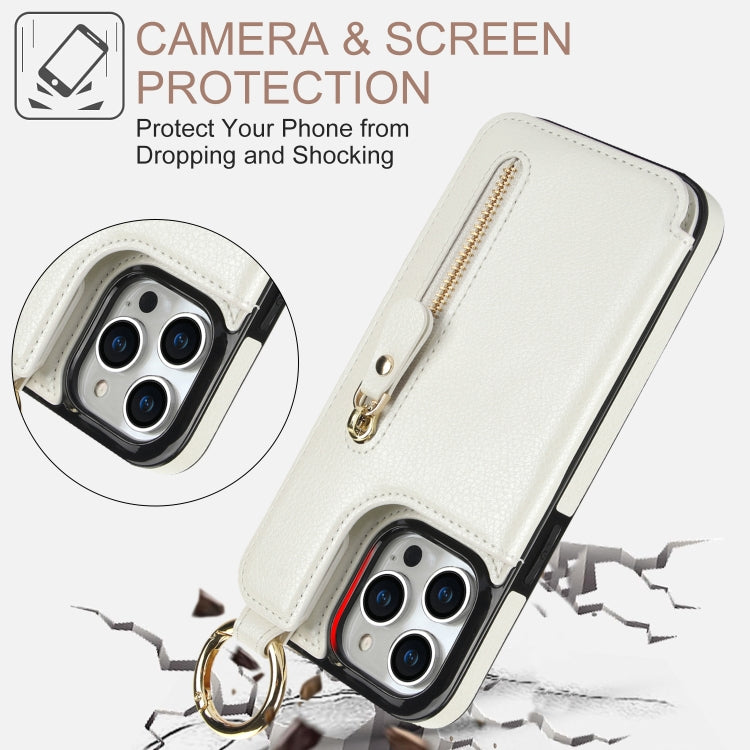 For iPhone 15 Pro Litchi Texture Zipper Double Buckle Card Bag Phone Case(White) - HoMEdemic™ 